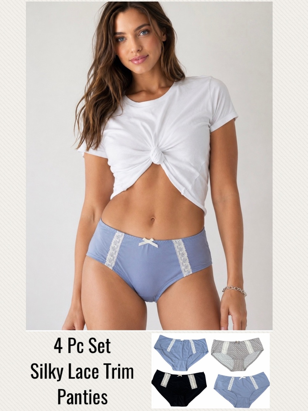 Silky Lace Trim Panties Underwear Laura Ashley 4 Pc Set Underwear Bundle Size L